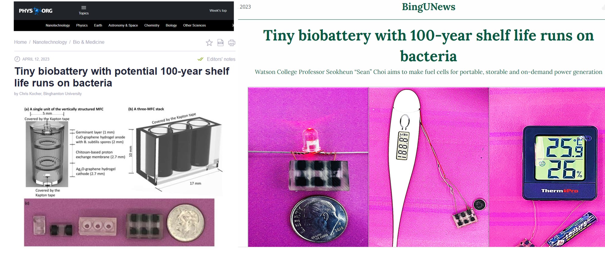 News coverage of the tiny biobattery with a 100-year shelf life
